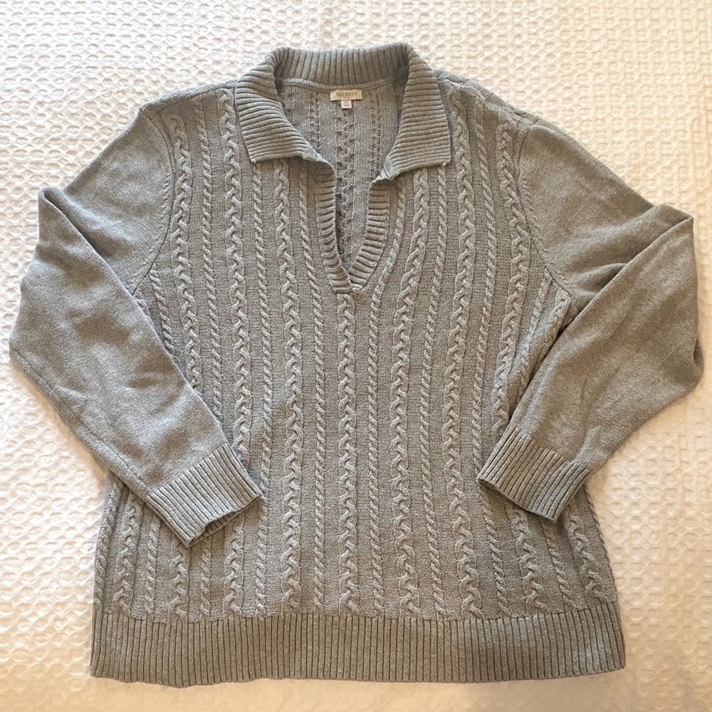 Talbots Light Gray V-Neck Cable Knit Sweater